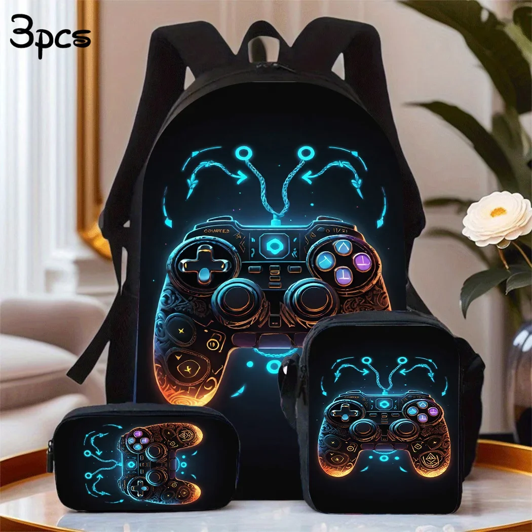 3pcs Game Controller Large Capacity Lightweight Nylon Daypack With Lunch Bag & Pencil Case, Perfect For , Travel, Or Daily Commu