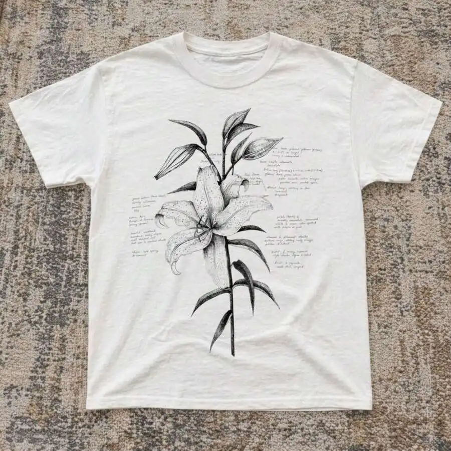 Unisex Casual Crew Neck T‑Shirt Retro Science Botanical Short Sleeve Top Vintage Lily Sketch Hand‑Drawn Flower Art Print Boho Daily Street Tees