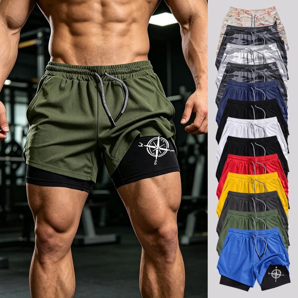 

Men's Double Layer Running Shorts Nautical Compass Print Multi-Color Options with Compression Liner & Pockets - Quick Dry Shorts