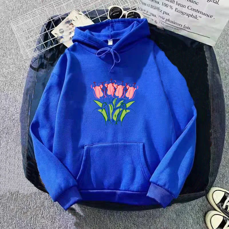 Tulip Printed Hoodies Women High Street Autumn Winter Pocket Casual Loose Sweatshirts Coat Tops Long Sleeved Lady Clothes