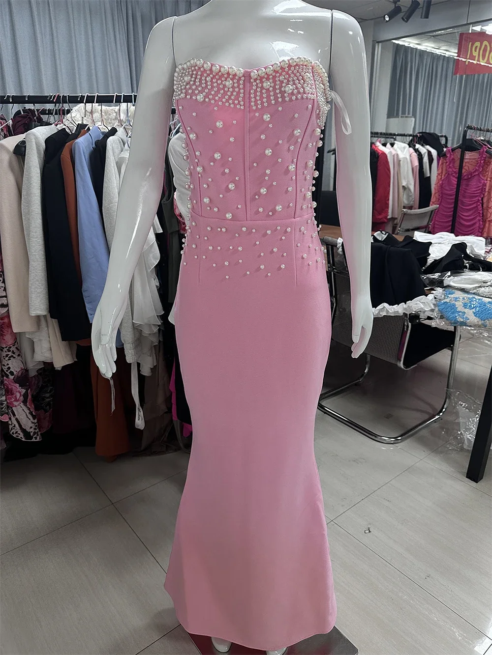 2024 Summer New Pink Women's Sexy Luxury Strapless Pearl Beaded Mermaid Bandage Long Dress Bodycon celebrity Party Evening Dress