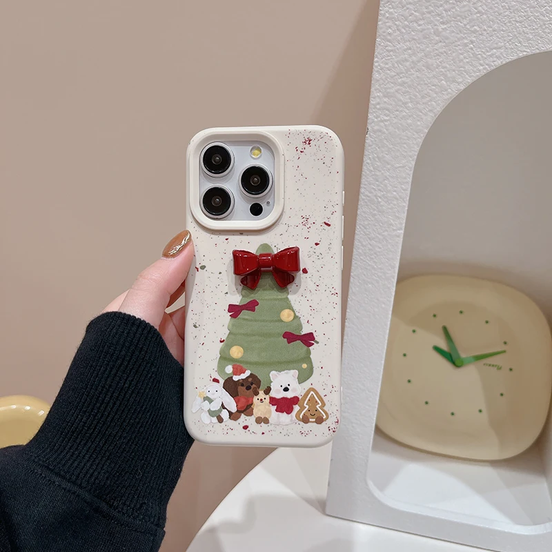 Ins Red Bowknot Christmas Tree Cute Animal Case For iPhone 12 13 14 15 16 Pro Max Plus Soft Silicone Phone Cover