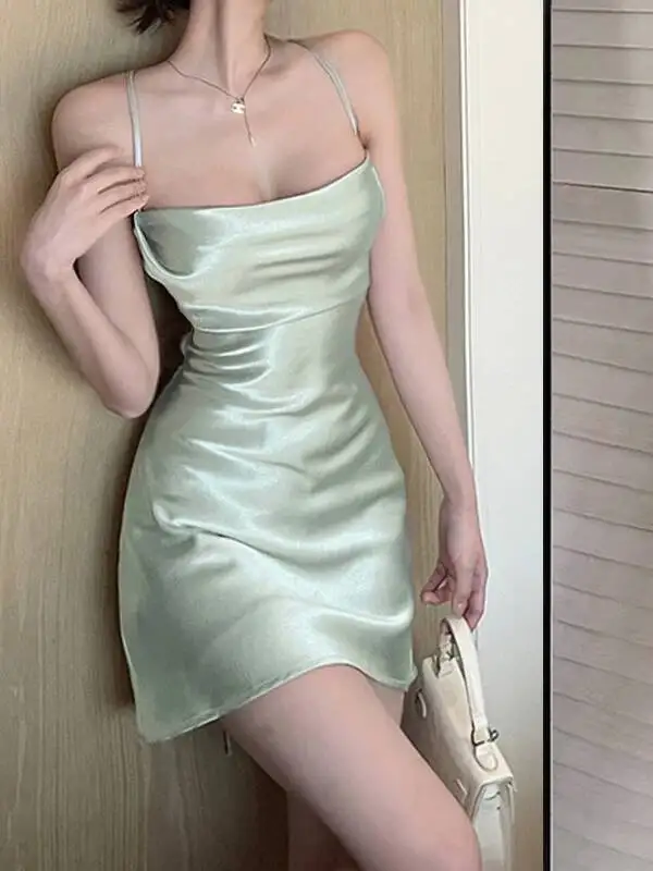Mint Green Smooth Satin Suspender Dress For Women's Summer 2024 Design, Temperament And Style, Large Backless Short Skirt T5VO