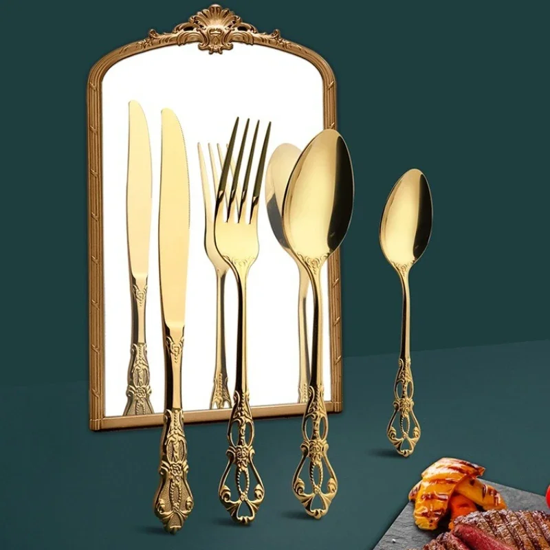 

Роскошный набор ложек и вилок из нержавеющей стали, золотой набор столовых приборов, пищевая высококлассная королевская посуда, европейский нож для стейка, кухонные принадлежности