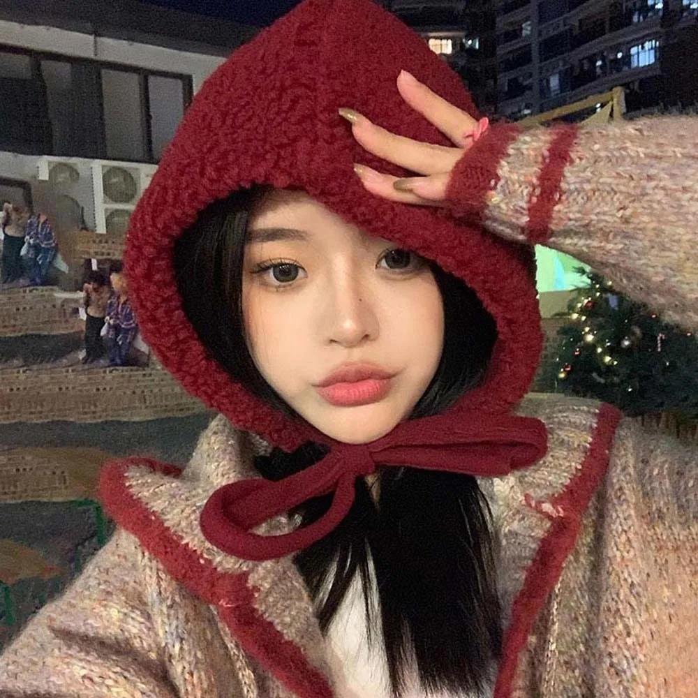 

Woolen Hat Fluffy New Year Red Hat Solid Color Beanie Winter Plush Hat Warmer Anti-cold Lambswool Cap Winter