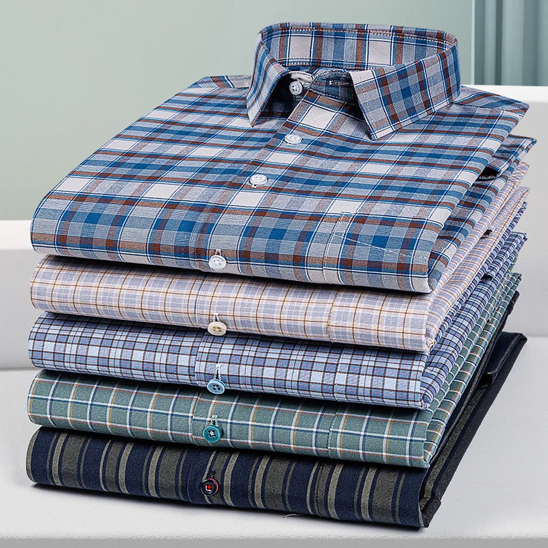 8XL 7XL Pure Color Striped / Plaid Longsleeve Shirt for Men Dress Shirts 100% Cotton Oxford Business Oversized Button Up Shirt