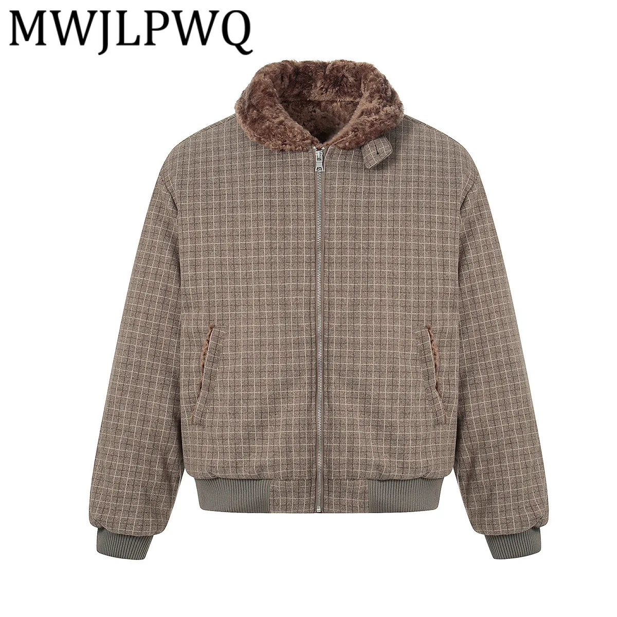 

MWJLPWQ флисовая куртка с американским меховым воротником, мужская уличная куртка в клетку с лацканами, повседневное пальто, модное, новинка 2024, осень-зима 21331