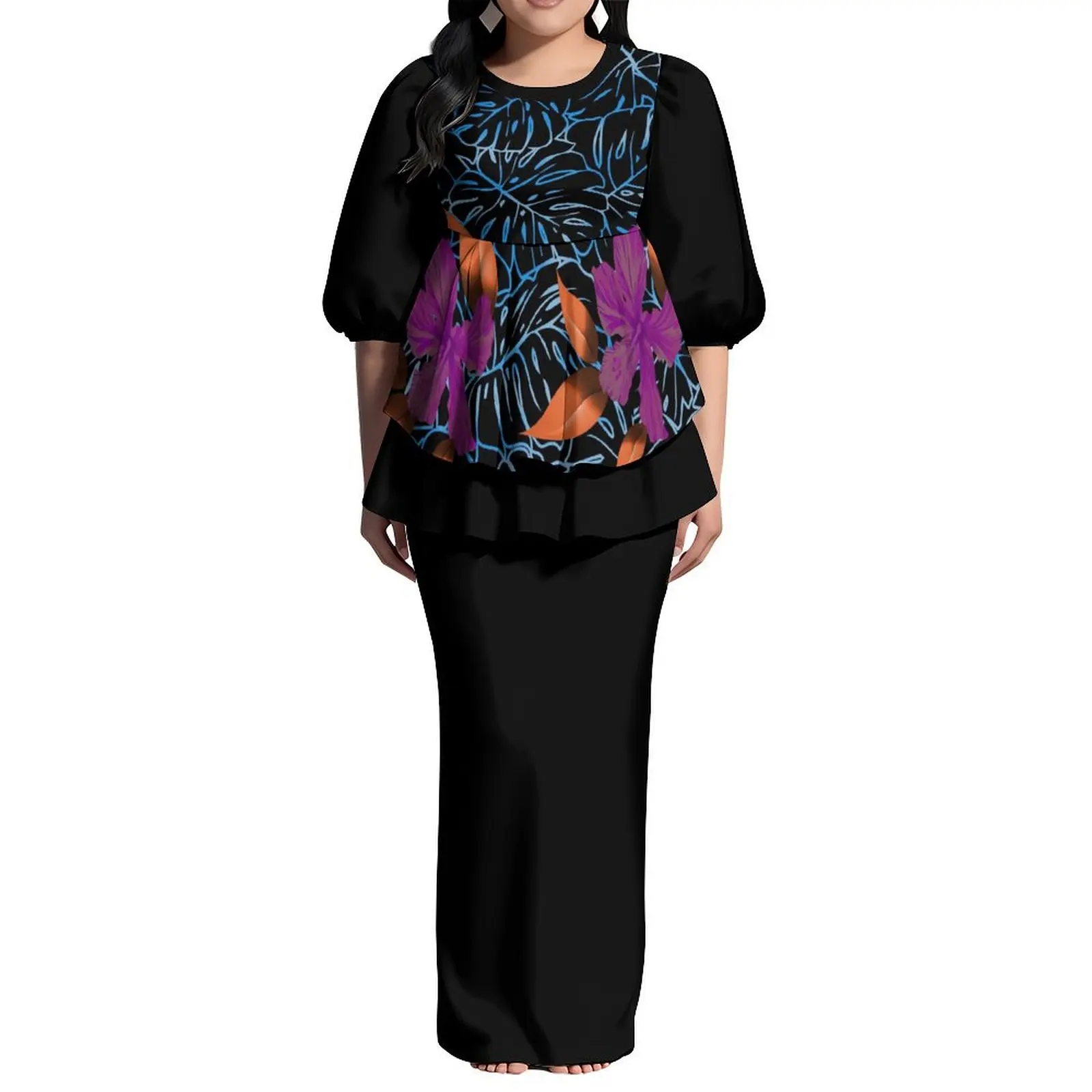 Polynésien Puletasi Puff demi manches deux pièces nouvelle-zélande femmes robe personnalisée grande taille col rond à volants longue robe Maxi