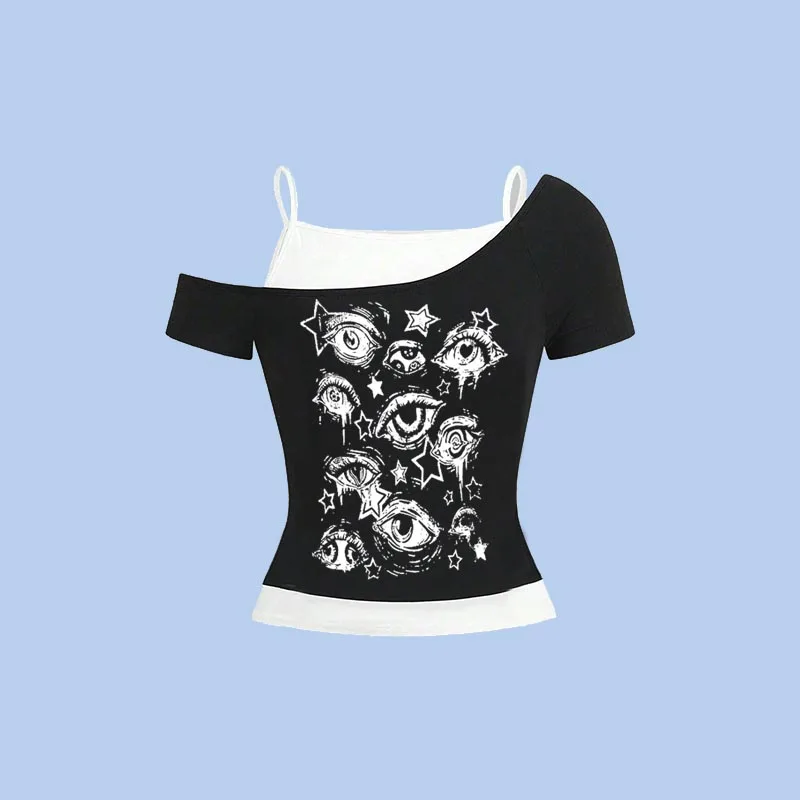 

Street style personalized graffiti pattern fashion fake two-piece set women's short sleeved T-shirt collar Gothic clothing