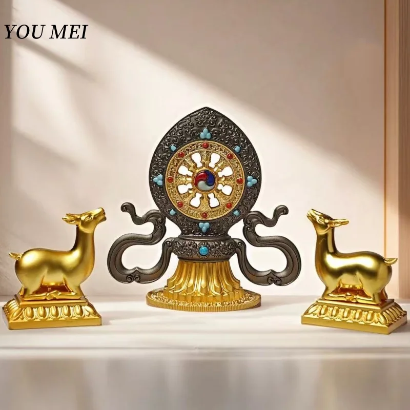 Buddhist Double Deer Dharma Wheel,Eight Auspiciousness Tibetan Altars Golden Wheel,Alloy Buddhist Item Religious Decorative,22cm