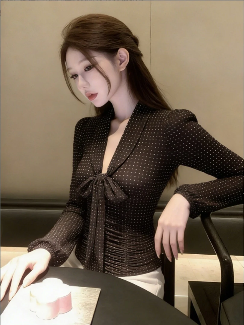 

2026 Summer Design Knot Polka Dot Long Sleeve V-Neck Commuter Style Women's Shirt French Style Slim Fit Top