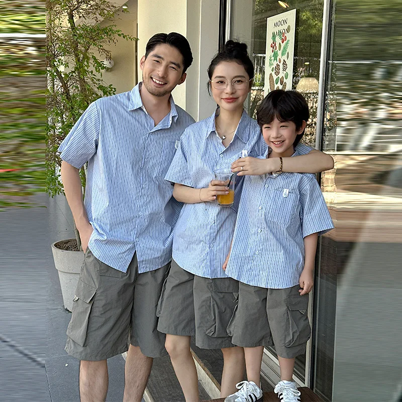 2026 Summer Striped Shirt Family Matching 3P Japanese Cargo Style Short Sleeve Tops for Mom Dad Kids Casual Daily Outfits