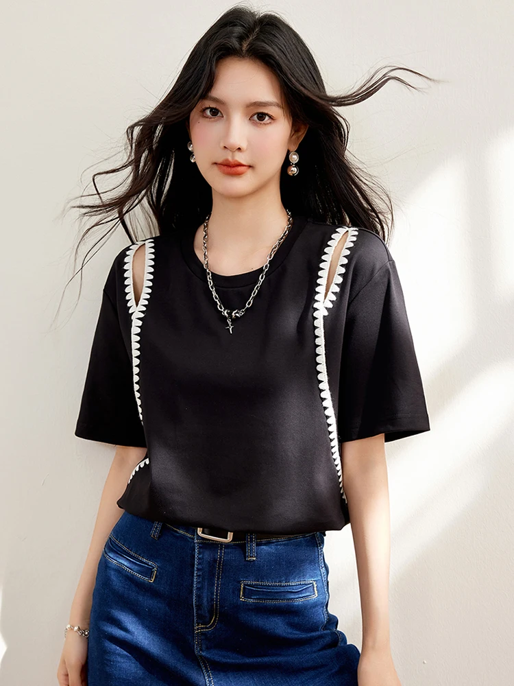 2024 New Summer Solid Color Short Sleeves T-Shirt Korean Version Loose Top Off-the-shoulder Top Women Round Neck Casual T-Shirt