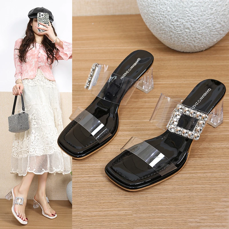 2026New Design Crystal Buckle PVC Transparent Women Slippers Fashion  Square Toe Clear High Heels Banquet Slides Shoes