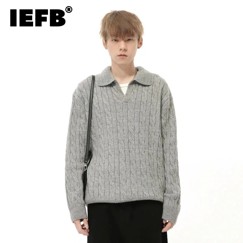 IEFB Simple Men's Knitting Tops Turn-down Collar Weave Solid Color Loose Tops Korean Version Casual Pullover Male Sweater 9C7951