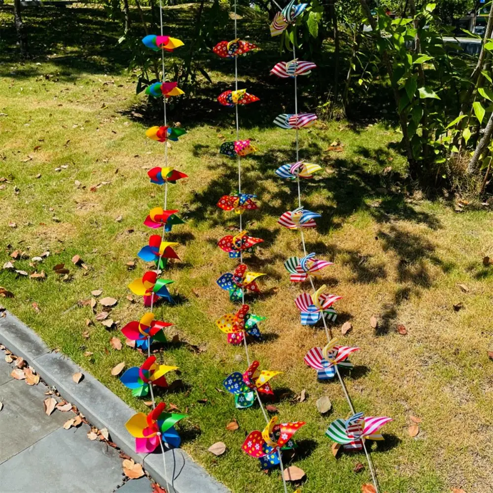 10개 세트 로프 스트링 포함 컬러풀 아치형 복도 풍차 스틸 와이어 로프 플라스틱 5잎 핀휠 컬러풀 핸드메이드
