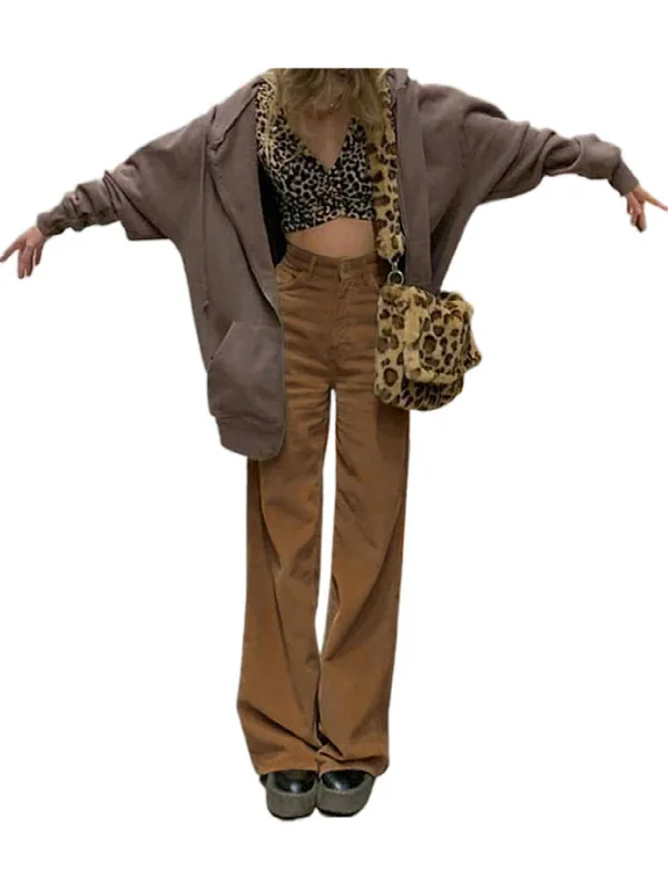 ハイウエストボタンダウン無地パンツ レディースカジュアルワイドレッグパンツ ポリエステル繊維 ヨーロッパ風レディースファッション