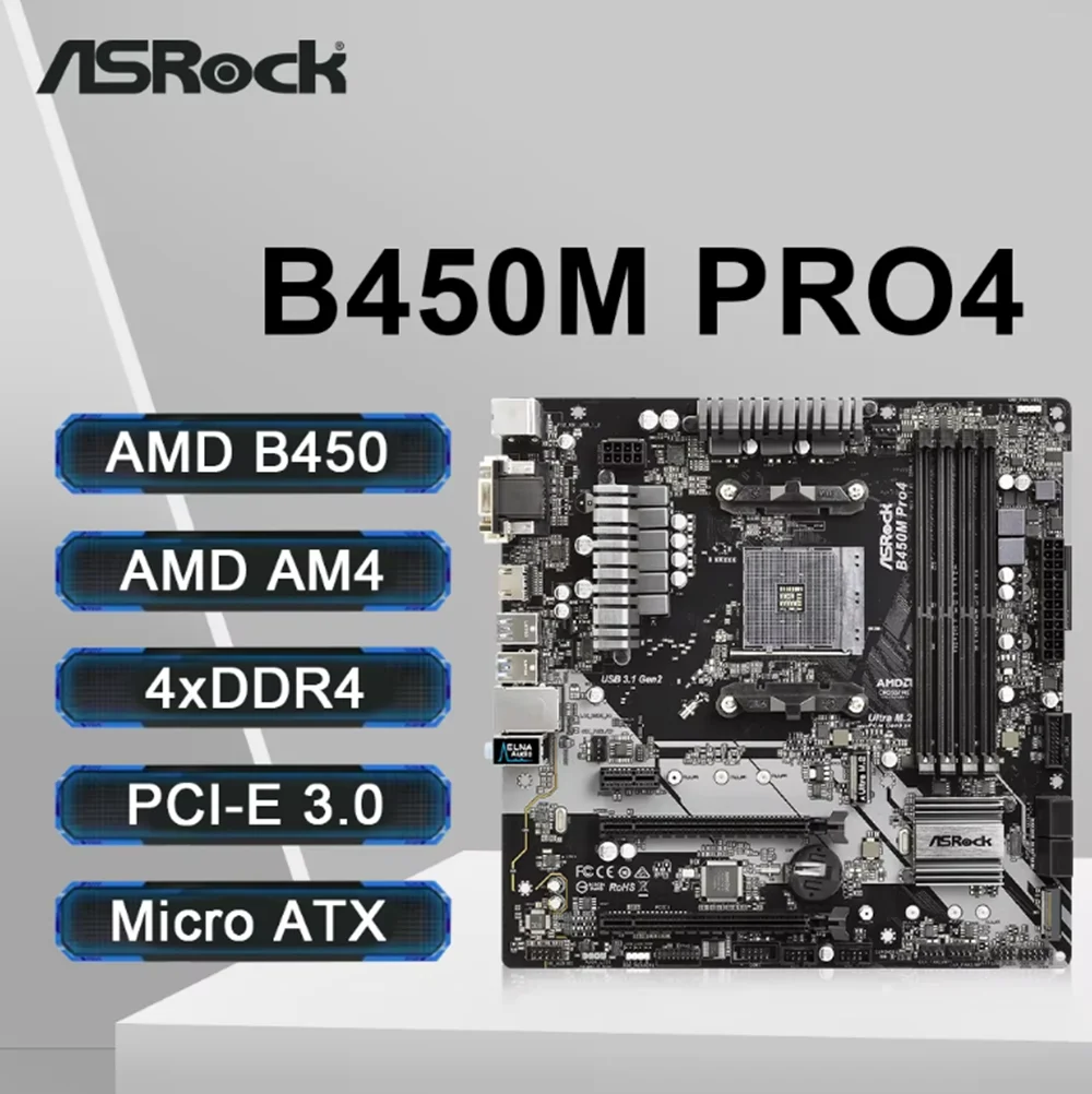 ASRock B450M PRO4 Motherboard AMD B450M DDR4 Memory AM4 Mainboard M.2 NVME mATX (Supports Ryzen 5 5600 R7 5700X3D CPU)