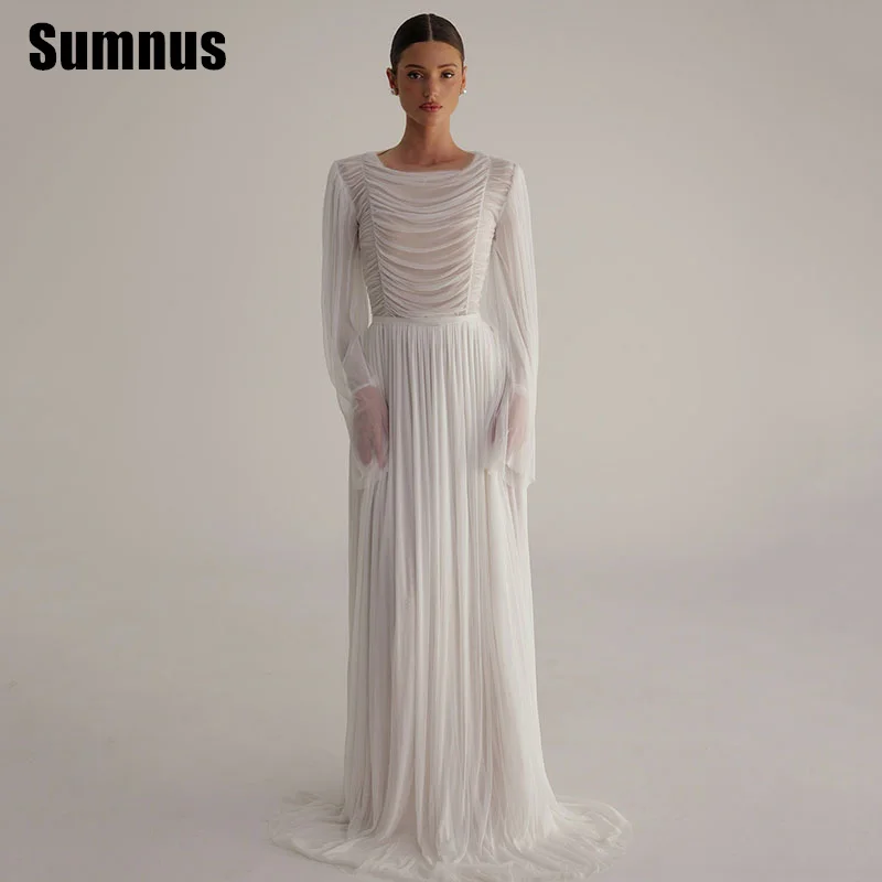 

Sumnus Elegant Straight Evening Dresses O-Neck Long Sleeves Pleats Formal Occasion Dresses فساتين سهرة Customized