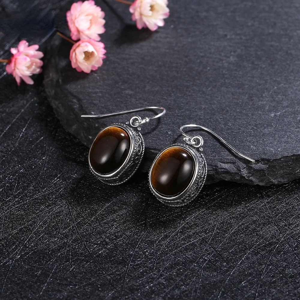 Women\'s Jewelry S925 Silver Earrings 10*12mm Oval Natural Tiger Eye Drop Earrings Fine Jewelry Engagement Birthday Gift