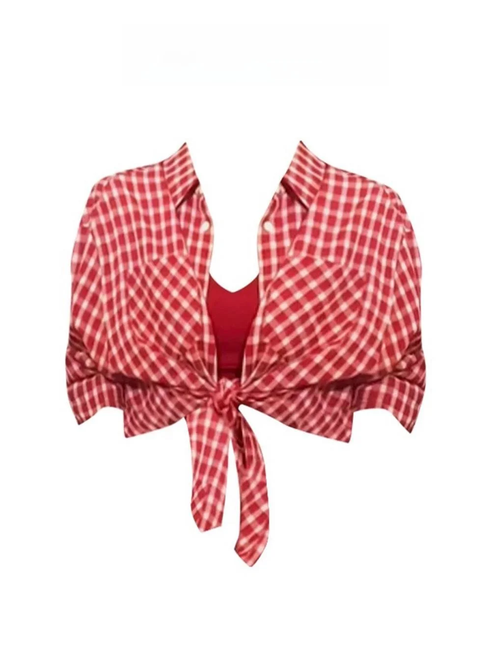 

Красный клетчатый комплект: женская рубашка с длинным рукавом, жилет для защиты от солнца, джинсовые шорты. Модный весенний образ для стильных девушек.