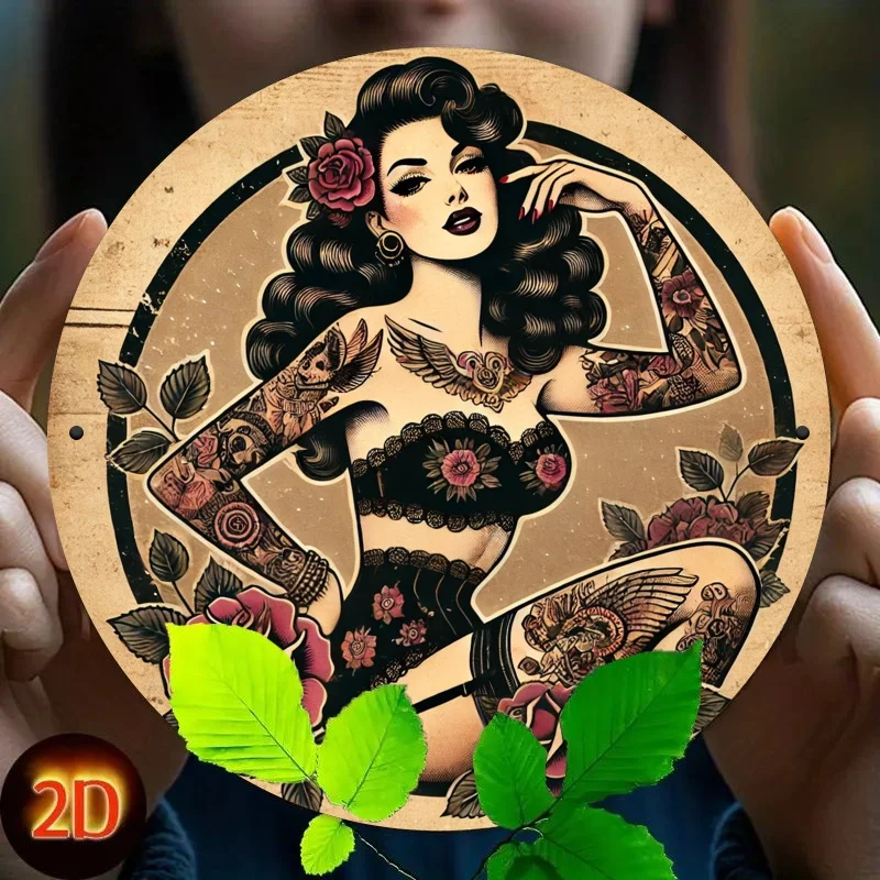 2D FlatVintage Rose Tattoo Damen Metallschild – 20,3 x 20,3 cm Eisenkunst Wandkunst, geeignet für Zuhause, Bar, Café, Garage, Blechschild, V