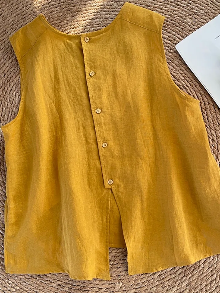 

Artistic Pure Color Cotton Linen Svel irt Vest Women Summer Outdoor Casual round Ne Slit Slimming Top Thin