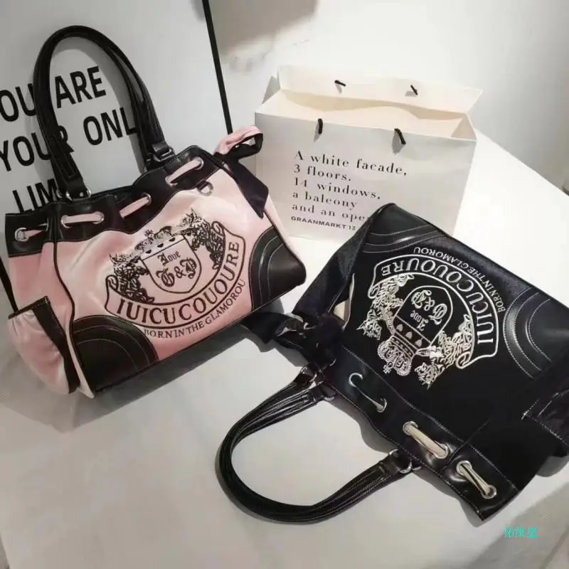 Y2K Women Gothic Black Embroidery Velvet Shoulder Bag Vintage Aesthetic Designer Luxury Handbags Pink Tote Bags Big Purses Women