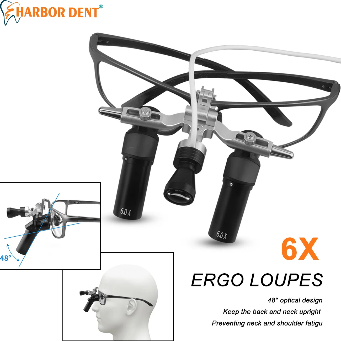 

6X стоматологические хирургические 48 ° Ergo Loupes Портативное эргономичное увеличительное стекло без нагрузки на шею Стоматологическое оборудование