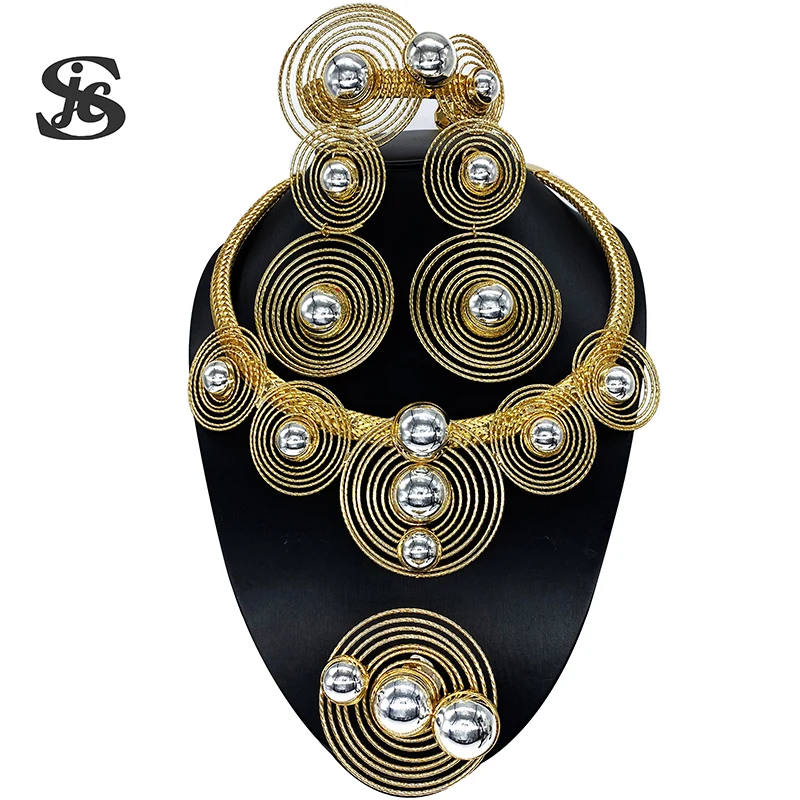 

Brazilian Fashion Jewelry Sets Round Shape 18K Gold Plated Big Earrings Necklace Silver Bead Inlay Elegant Set For Women Wedding