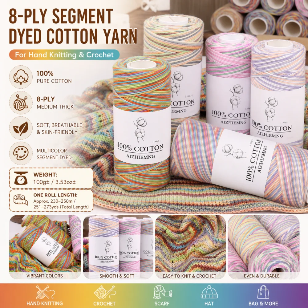 Soft 8-Ply Segment Dyed Pure Cotton Yarn Gradient Color Hand Knitting Crochet Thread DIY Scarf Hat Amigurumi Yarn 100g