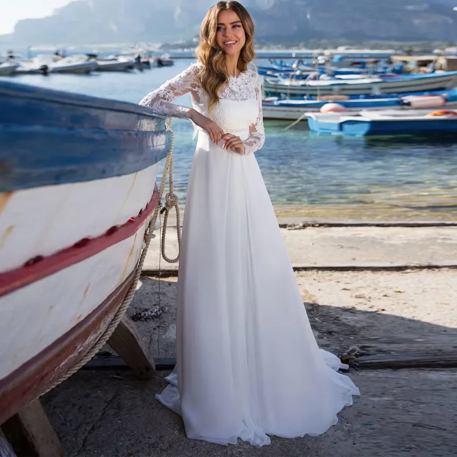 Vestidos De novia De manga larga con cuello De murciélago, Vestidos De novia De playa, tren De barrido, apliques De gasa bohemios