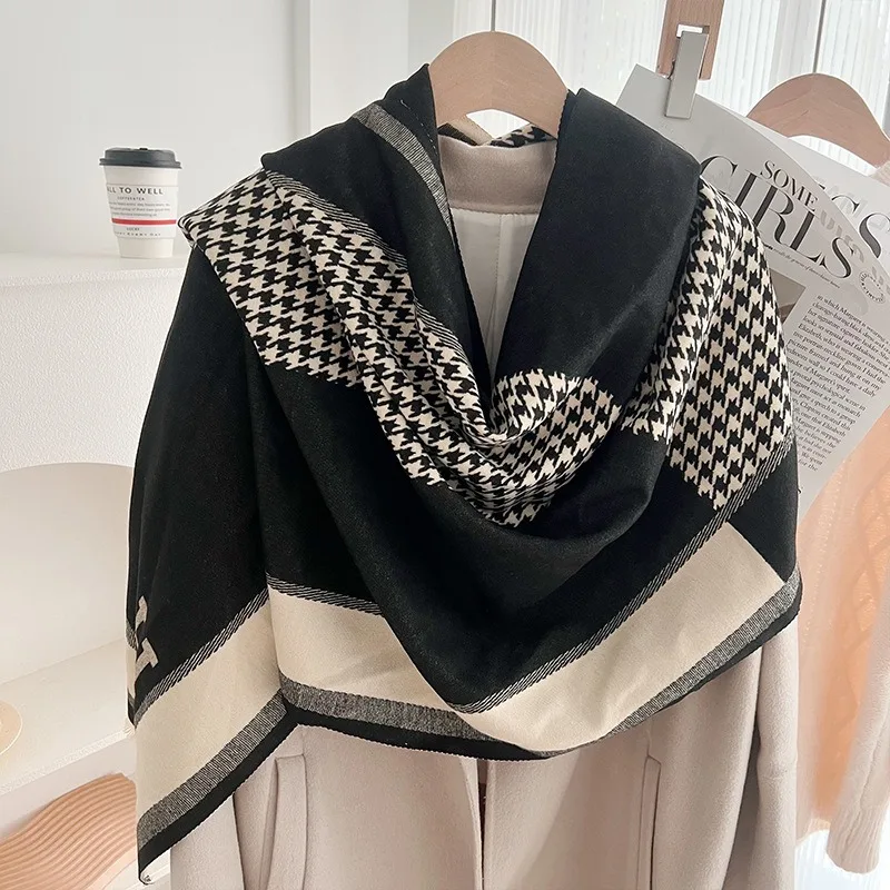 Women Scarves, Letter Printed Warm Scarf for Autumn Winter, Houndstooth Color Block Faux Cashmere Air Conditioner Shawl