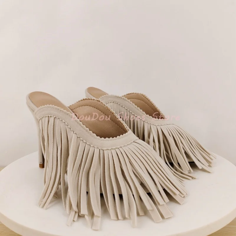 Beige Fringe Open Toe Slip On Mule Slippers Women Bohemian Suede Thin Heel Sandals Elegant Fashion Evening Party Dress Lady Shoe