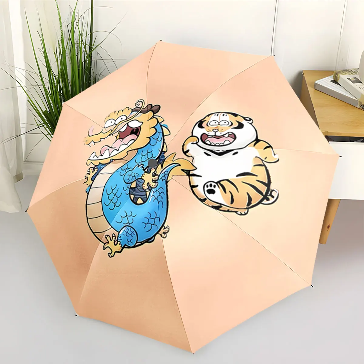 Funny Cartoon Dragon and Tiger on Peach Background Umbrella portable waterproof sun rain umbrella for outdoor travel beach