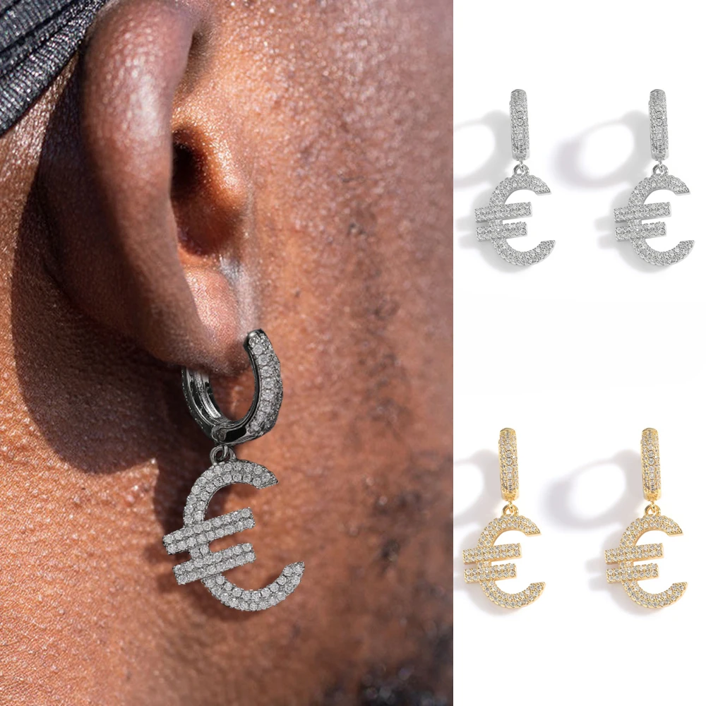 

New Euro Sign Drop Earrings hip-hop Rock Jewelry Silver Color Iced Out Full Zircon Ear Accessories For Men Women Party Gifts