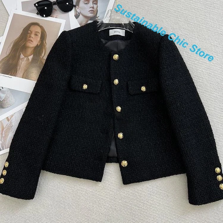 French solid color small fragrance short coat women's spring and autumn new fashion high sense round neck short tweed coat