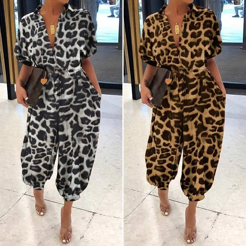 Leopard Printed Jumpsuit Women 2024 Summer New Short Sleeves Leace-up Pocket Casual Jumpsuits Fashion Vintage Ladies Bodysuits