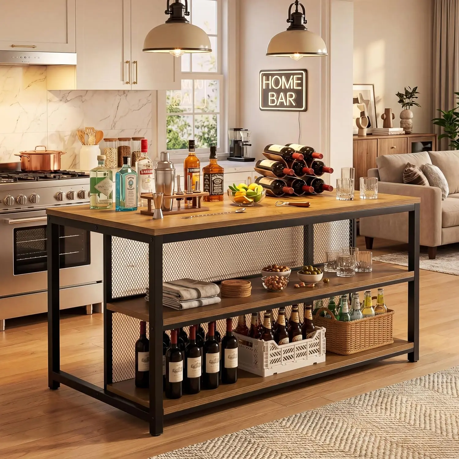 Industrial Bar Table with Storage Shelves & Seating, Counter Height Wine Cabinet for Kitchen Dining Living Room, Customized