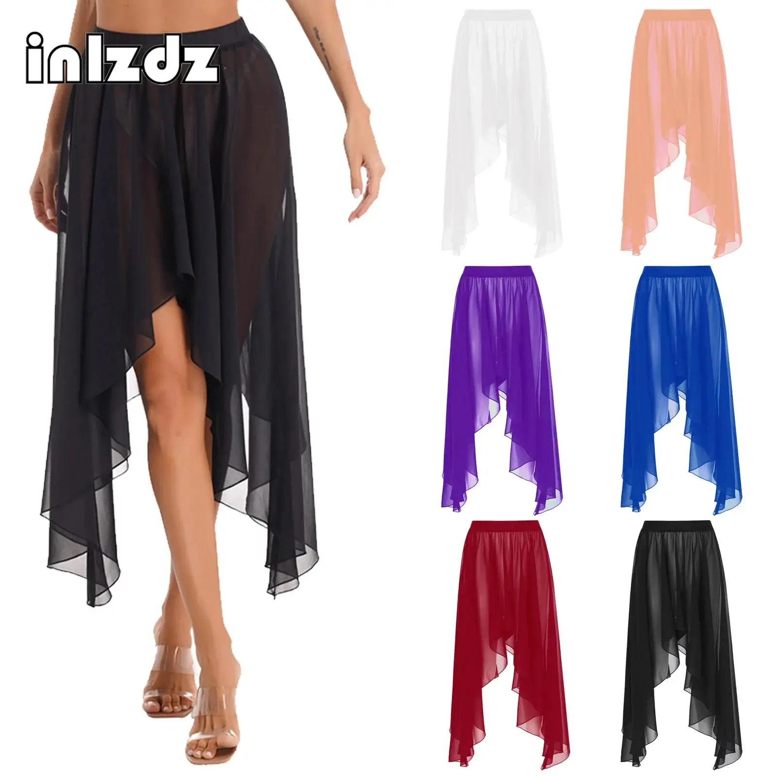 

Women Belly Dance Skirt Sheer Chiffon Asymmetrical High-Low Ballet Dance Gymnastics Warp Skirt Ballroom Performance Dancewear