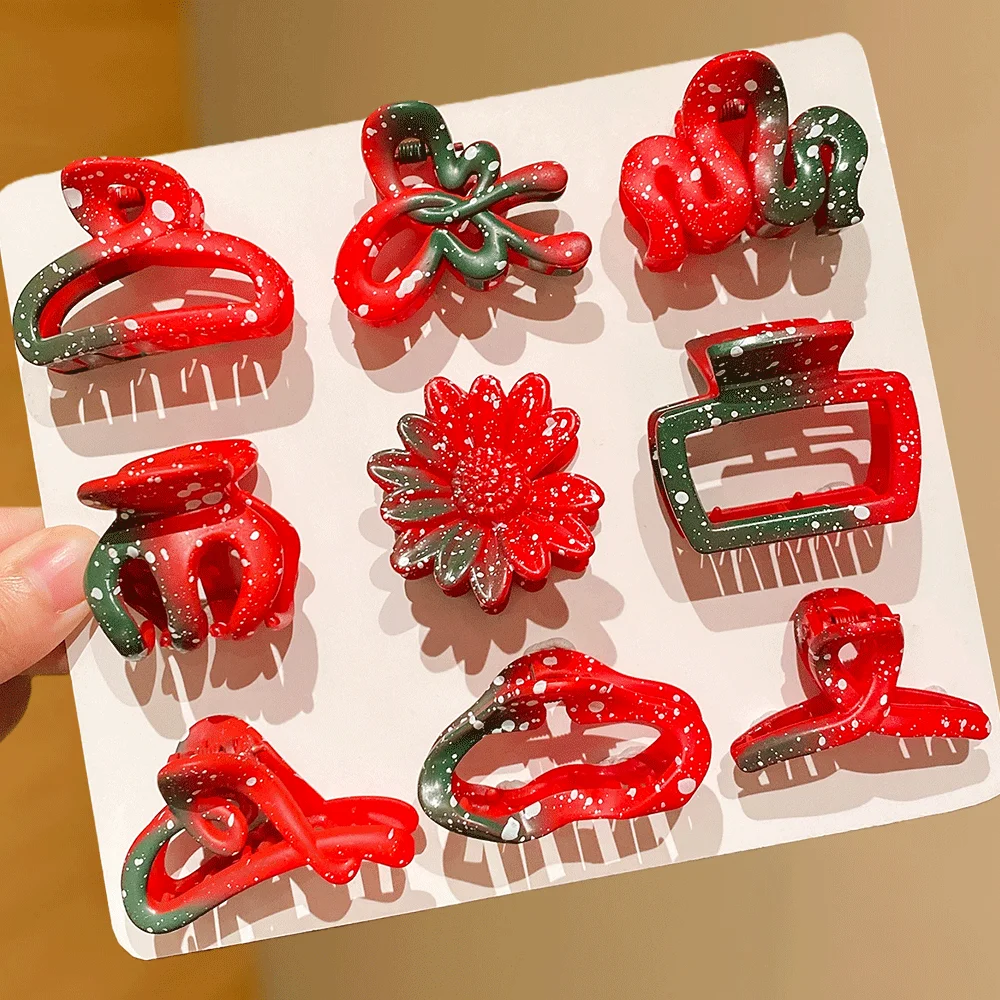 مجموعة مخلب شعر مكونة من 9 قطع: ندفة الثلج المتدرجة باللون الأحمر/الأبيض/الأخضر ومطبوعات الأزهار - إكسسوارات حفلات أعياد الميلاد، دعائم الصور وG #5