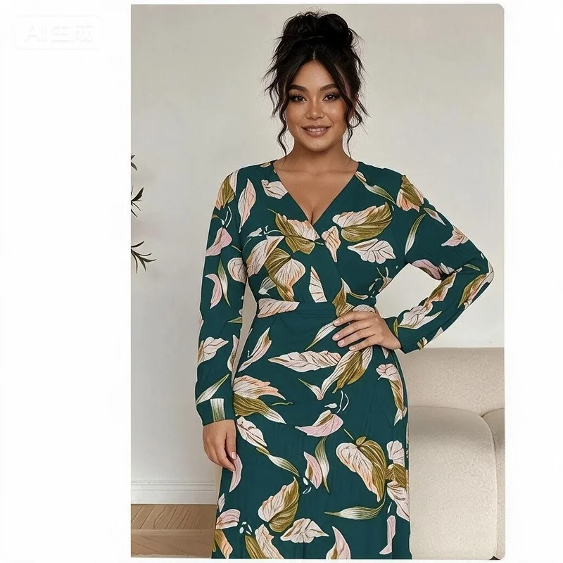 Plus Size Dress for Women  Floral V Neck Long Sleeve Wrap Waist Slimming Maxi Dress Green Botanical Print