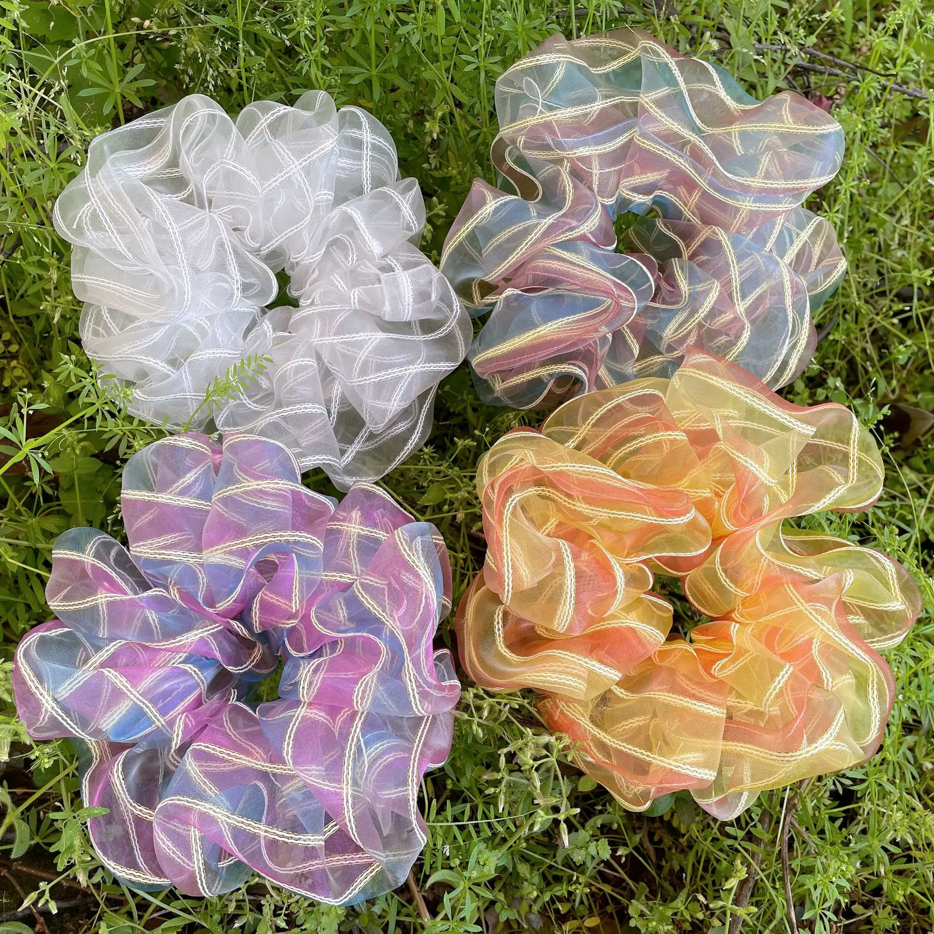 Nowe damskie Oversize kolorowe paski Organza Scrunchies lato jasna gumka do włosów moda opaska do włosów kucyk krawat elastyczna opaska na głowę — zdjęcie 3