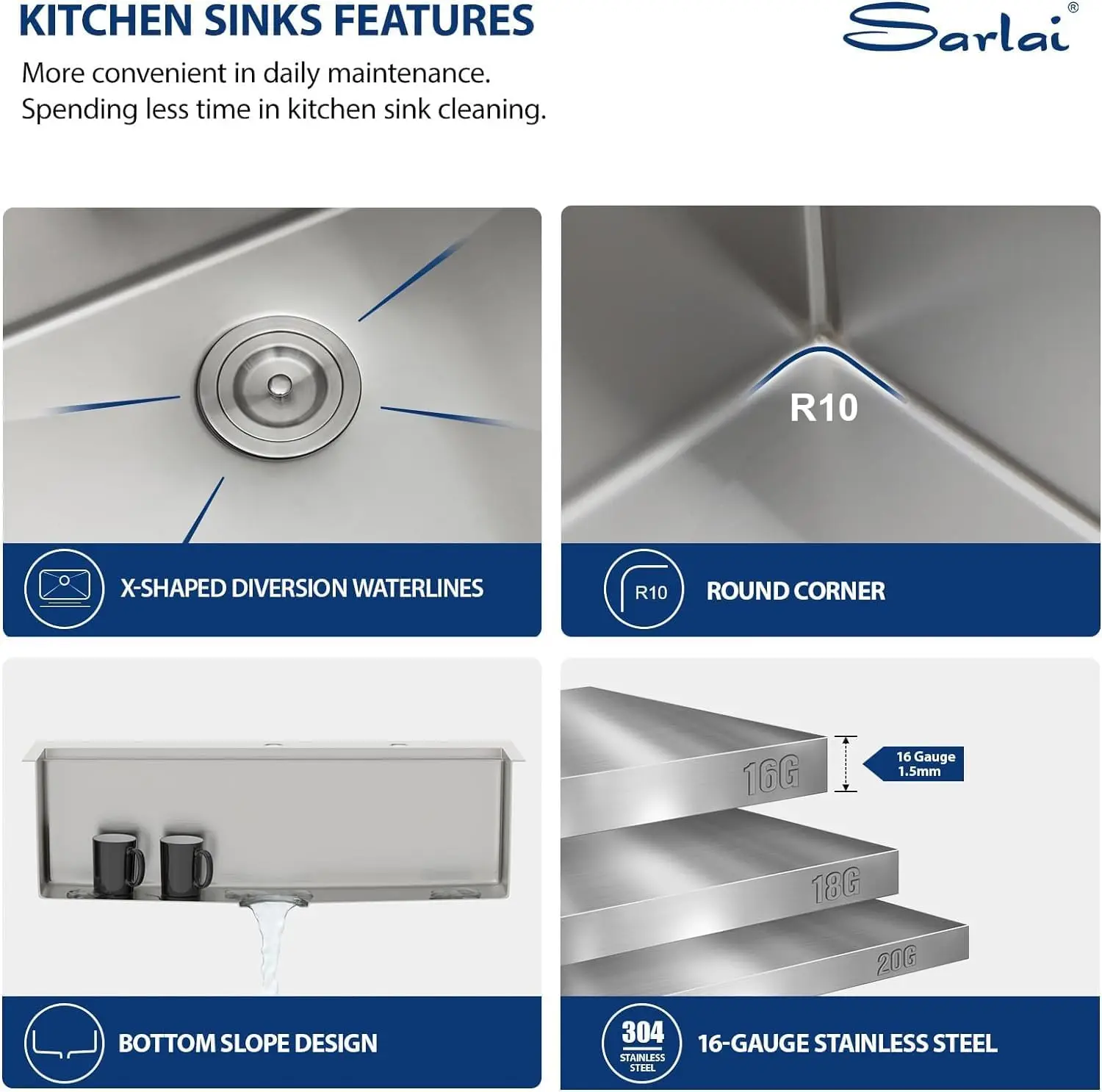 Wastafel dapur pelindung-Sarlai 33 "x 22", stasiun kerja turun dapur bak cuci dengan 16 pengukur, mangkuk tunggal dalam dudukan atas baja tahan karat