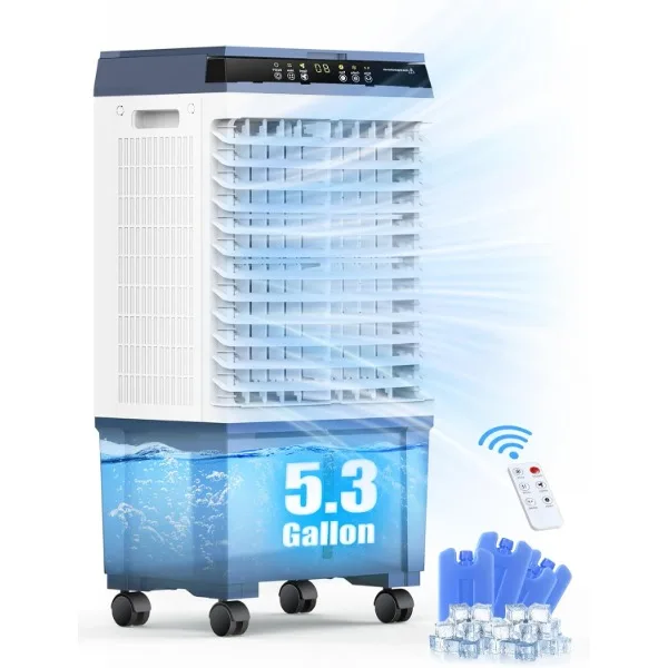 Air Choice Swamp Cooler, Enfriador de aire evaporativo 3 en 1, 1800CFM con temporizador de 12H, Control remoto, 4 paquetes de hielo y tanque de agua de 5,3 Gal