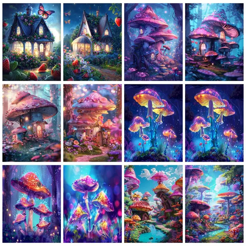 PhotoCustom Painting By Number With Frame Landscape On Canvas Drawing For Adults Diy Mushroom House Wall Decor Ręcznie malowana sztuka