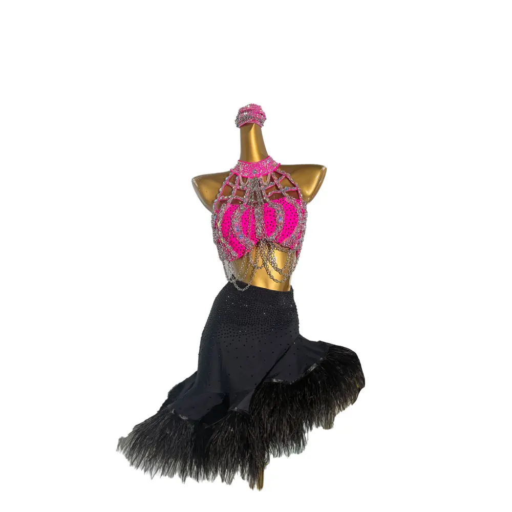 Bailarina latina para niños y adultos, sujetador de cadena personalizado de alta gama, falda esponjosa, vestido de actuación de diamante Samba