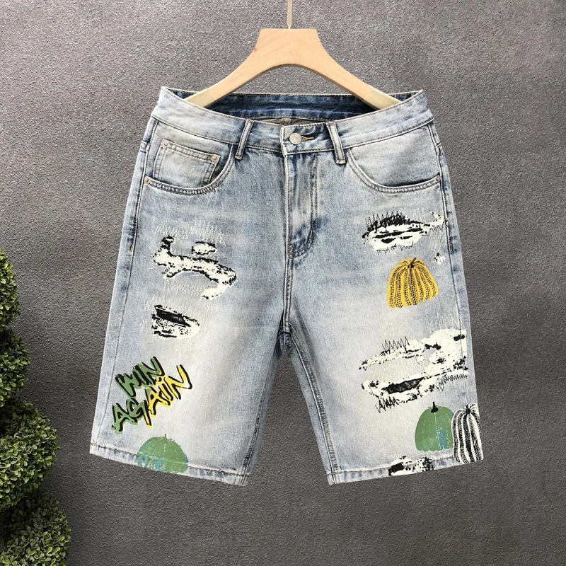 New Denim Shorts For Men'S High-End Casual Slim Fit Straight Fit Elastic Loose Print Light Luxury Fashion Versatile Washed Denim