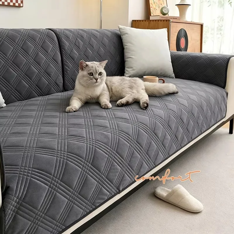 Waterproof Sofa Cushion, Diamond Quilted Dutch Velvet Anti Cat-scratch Non-slip Sofa Protector Cover, Grey 1pc for Living Room