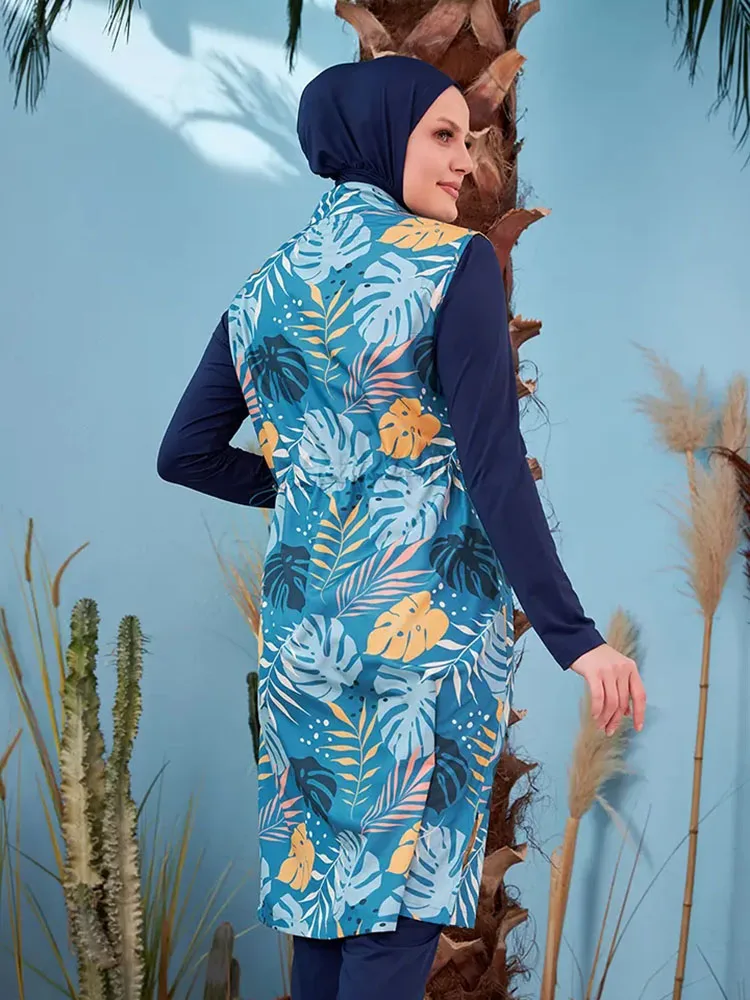 4PCS Waterproof Modest Burkini Femmes Beach Long Swimwears Women Floral Swimsuit Swimwear Full Cover Hijab Top Pants ​Bra